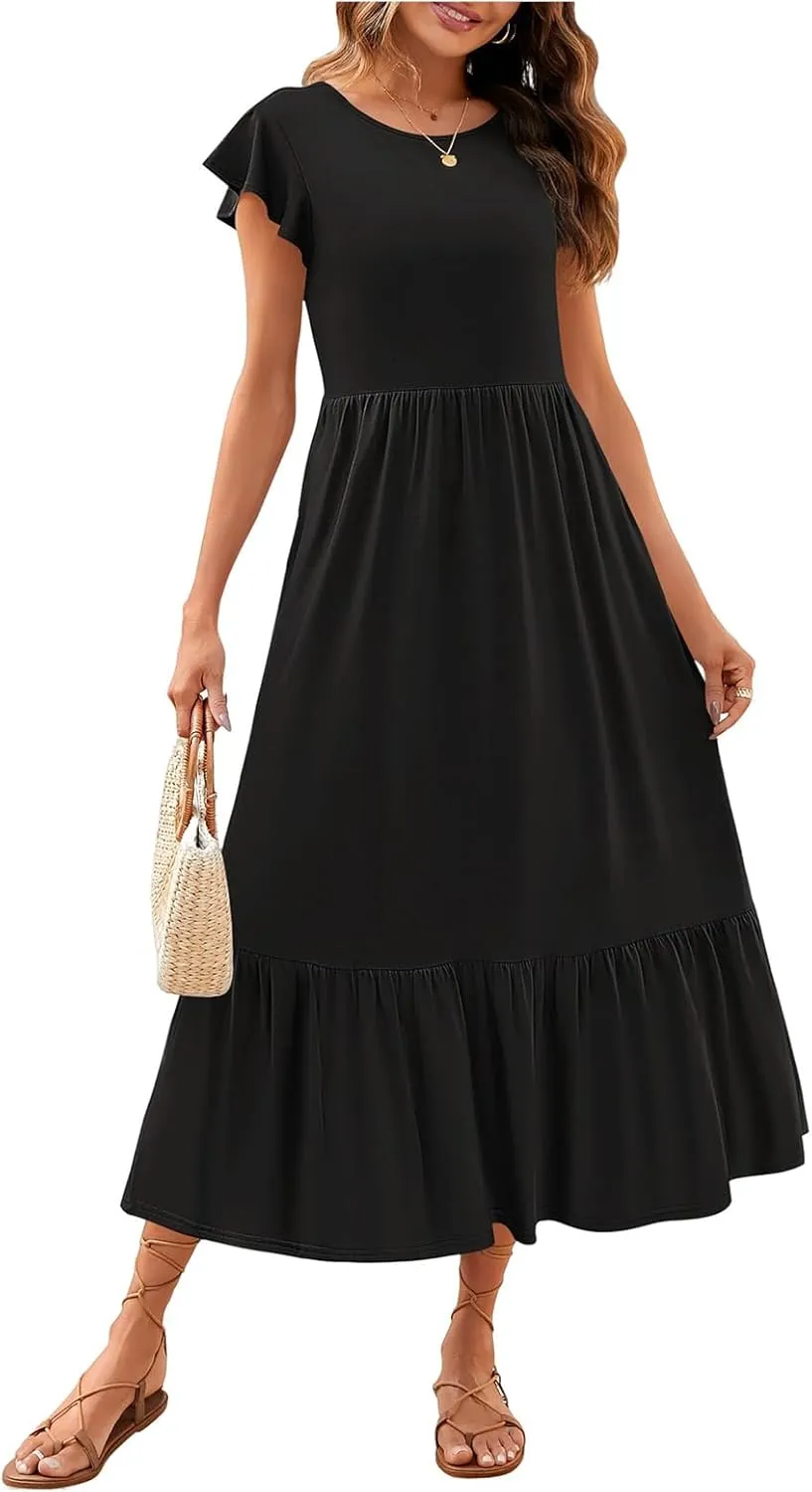 Women's Summer Dress Aline Flowy Tiered Maxi Long Beach Dress Elegant Ruffle Sleeve Crewneck Sundress Tunic Dresses