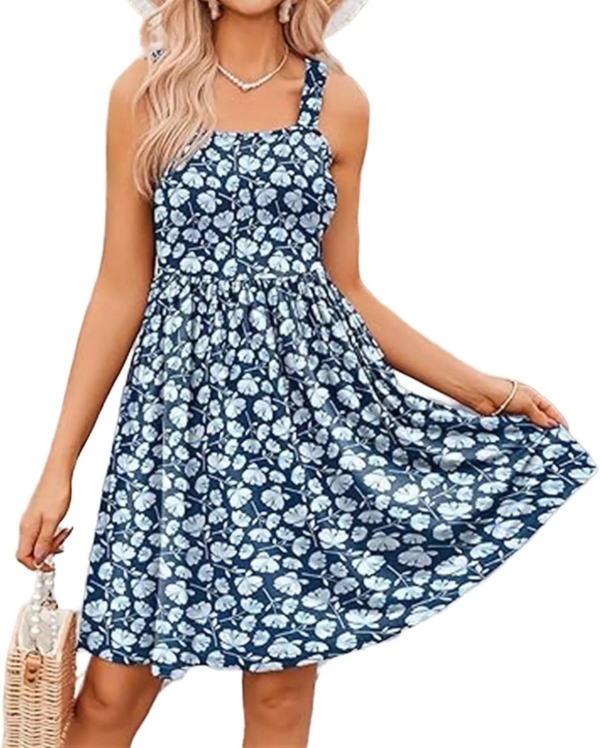 Women's Summer Dress Casual Square Neck Floral Dress Cute Sleeveless High Waist A-line Sundress Swing Mini Dresses