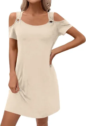 Womens Summer Dress Cold Shoulder Scoop Neck Short Sleeve Spaghetti Strap with O Ring Fashion Sundress with Pockets