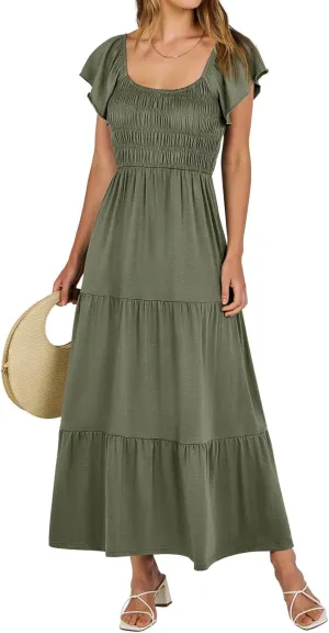 Womens Summer Dress Ruffle Sleeve Square Neck Maxi Solid Color Flowy Swing Hem Dress Elegant Dressy Dresses 2025