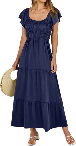 Womens Summer Dress Ruffle Sleeve Square Neck Maxi Solid Color Flowy Swing Hem Dress Elegant Dressy Dresses 2025