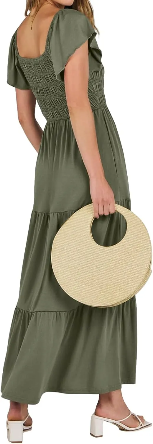 Womens Summer Dress Ruffle Sleeve Square Neck Maxi Solid Color Flowy Swing Hem Dress Elegant Dressy Dresses 2025