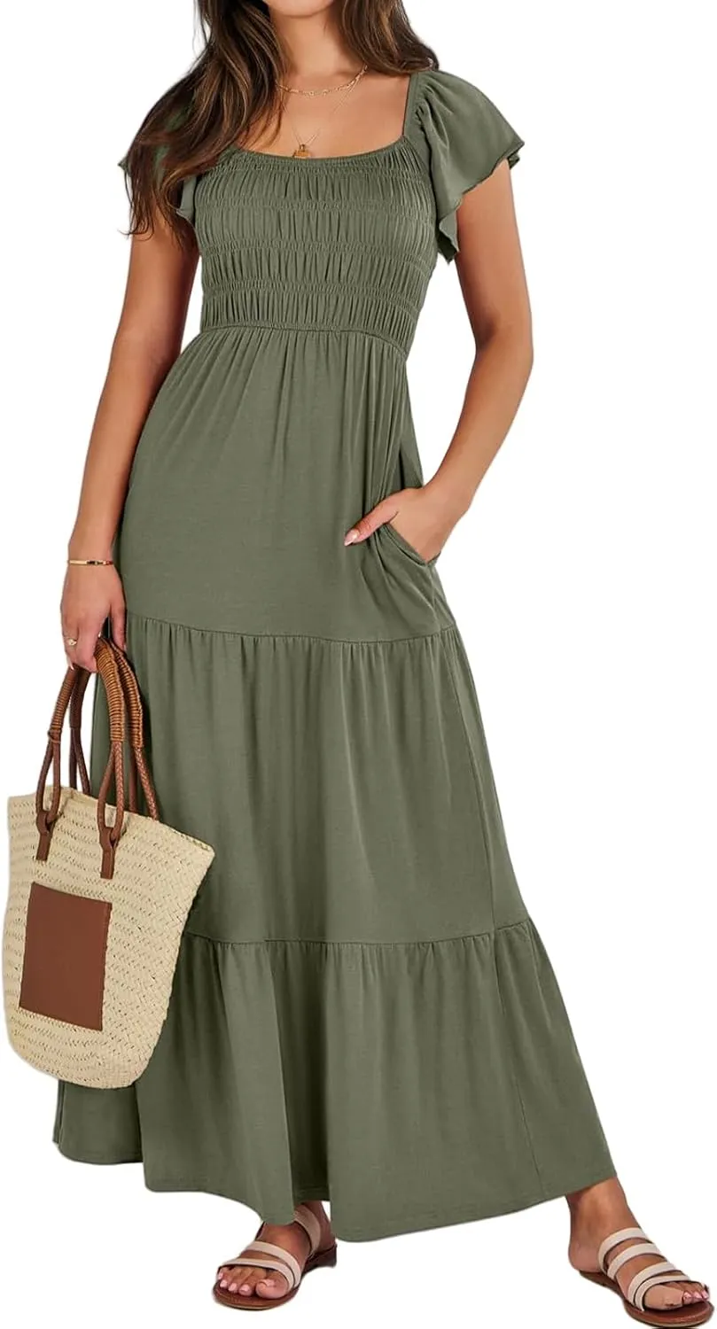 Womens Summer Dress Ruffle Sleeve Square Neck Maxi Solid Color Flowy Swing Hem Dress Elegant Dressy Dresses 2025