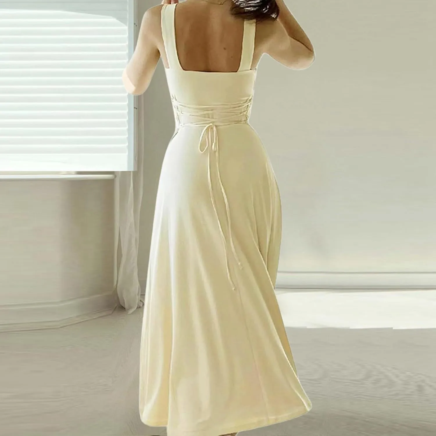 Womens Summer Dress Solid Color Lace Up Waist Back CRIS Cross Skirt Casual Shoulder Strap Slim Fit Long Dress Outfits