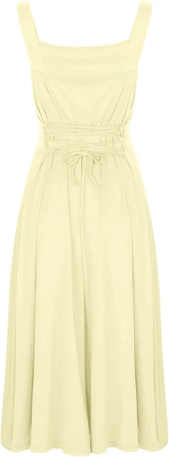 Womens Summer Dress Solid Color Lace Up Waist Back CRIS Cross Skirt Casual Shoulder Strap Slim Fit Long Dress Outfits