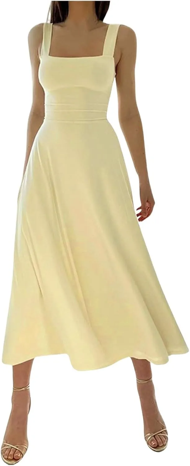 Womens Summer Dress Solid Color Lace Up Waist Back CRIS Cross Skirt Casual Shoulder Strap Slim Fit Long Dress Outfits