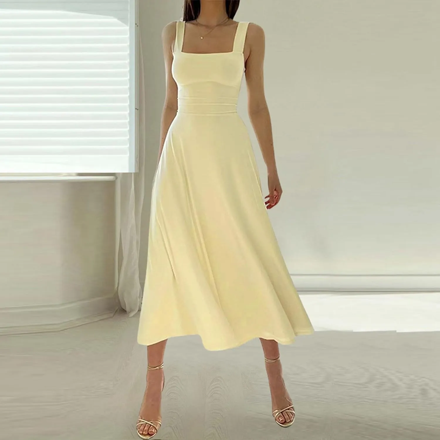Womens Summer Dress Solid Color Lace Up Waist Back CRIS Cross Skirt Casual Shoulder Strap Slim Fit Long Dress Outfits