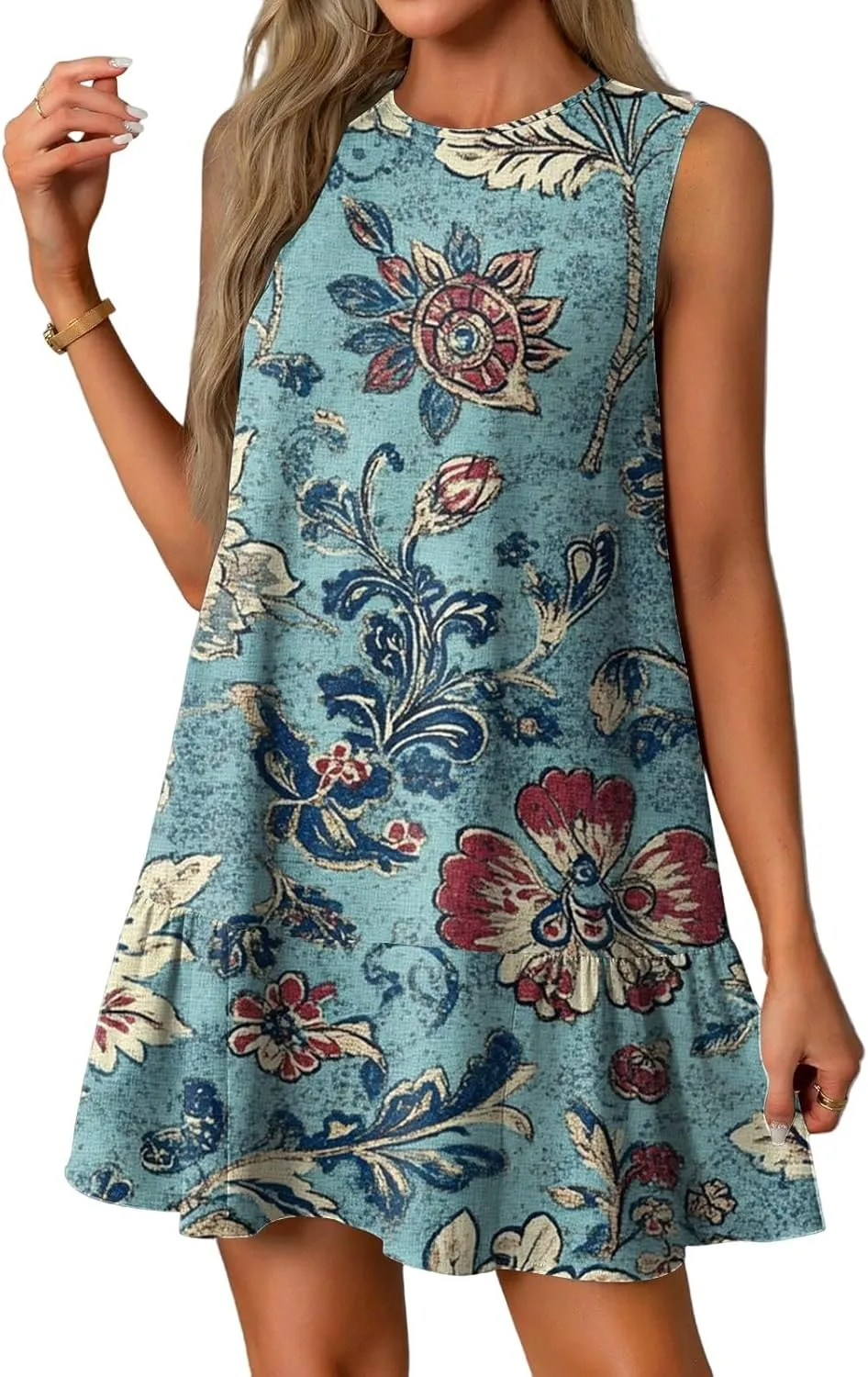 Womens Summer Dresses Casual Sleeveless Mini Dresses Ruffle Hem Crewneck Trendy Work Dress