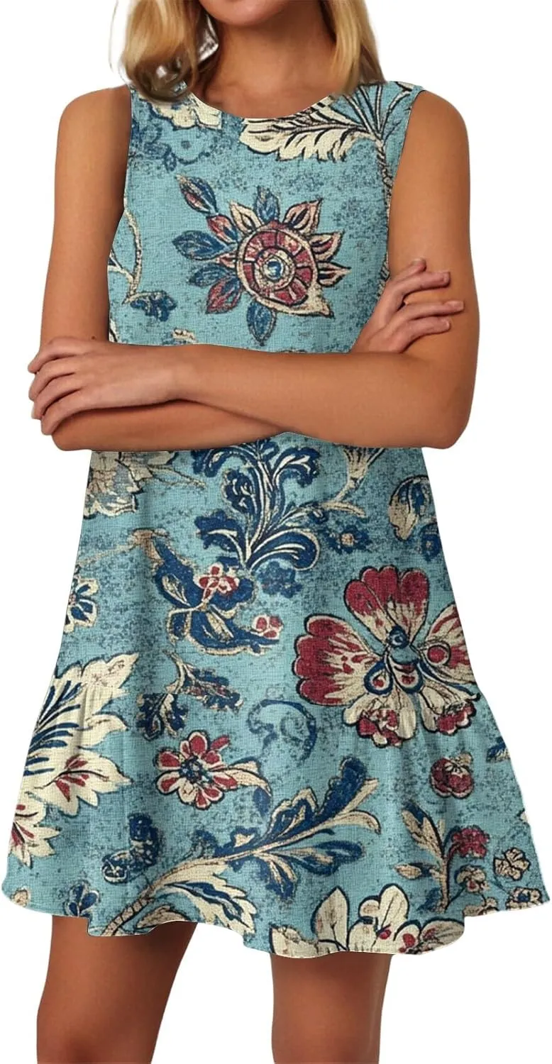 Womens Summer Dresses Casual Sleeveless Mini Dresses Ruffle Hem Crewneck Trendy Work Dress