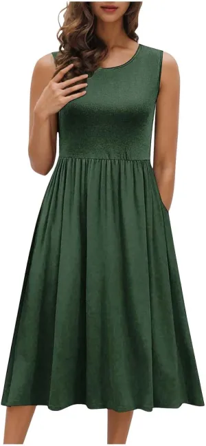 Womens Summer Dresses Casual Wrap Boho A Line Sleeveless Tunic Tank Dress Ruffle Flowy Midi Sundresses with Pockets