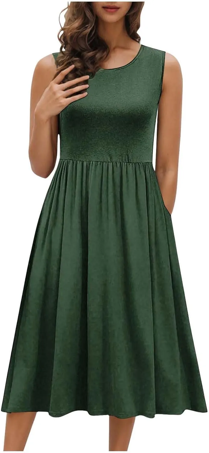 Womens Summer Dresses Casual Wrap Boho A Line Sleeveless Tunic Tank Dress Ruffle Flowy Midi Sundresses with Pockets
