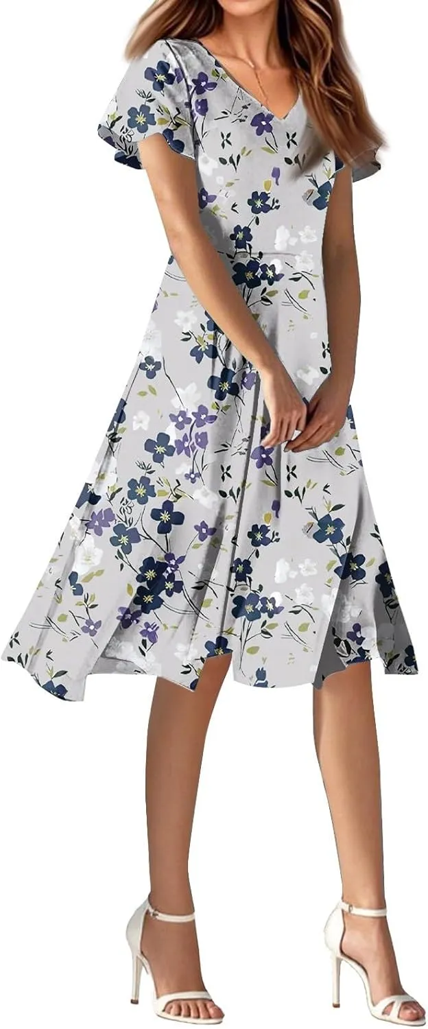 Women's Summer Dresses Elegant Tie-Dye V-Neck A-Line Midi Dress with Flutter Sleeves Casual Beach Flowy Dress