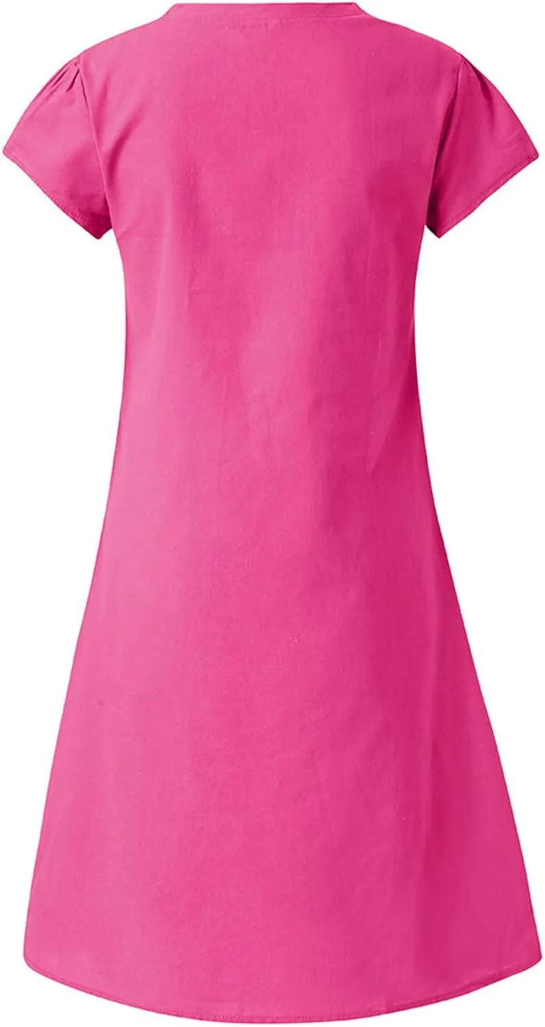 Women's Summer Dresses Knee Length Midi Sundress Cotton Linen Plus Size Shirt Dress Short Sleeve Tunic Shift Dress