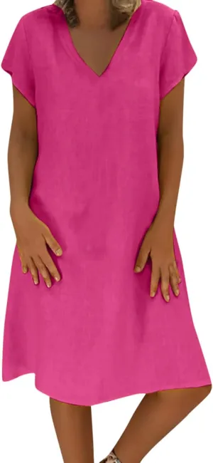 Women's Summer Dresses Knee Length Midi Sundress Cotton Linen Plus Size Shirt Dress Short Sleeve Tunic Shift Dress