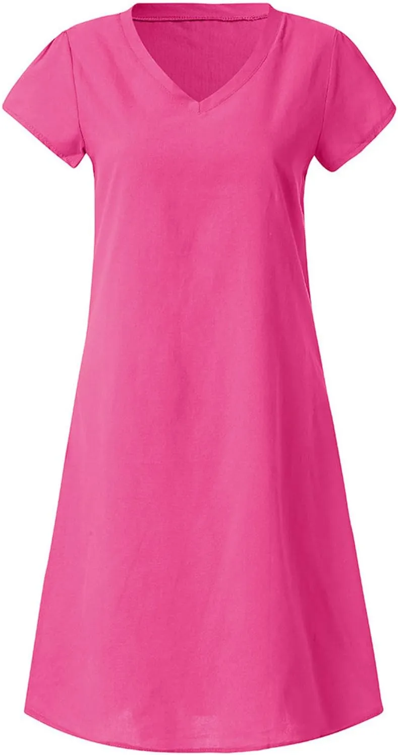 Women's Summer Dresses Knee Length Midi Sundress Cotton Linen Plus Size Shirt Dress Short Sleeve Tunic Shift Dress