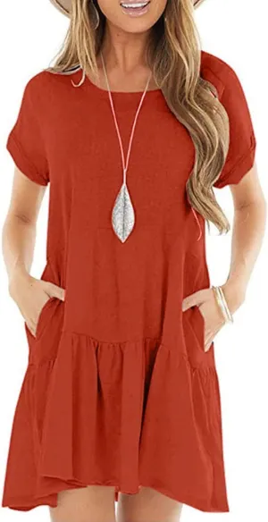 Womens Summer Dresses Ruffle Short Sleeve Crewneck Casual Dress A Line Plain Simple Flowy Sundress 2025 Vacation