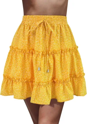 Womens Summer High Waist Floral Layered Ruffle Hem Boho Mini Skirt Smocked A Line Pleated Swing Beach Short Skirt