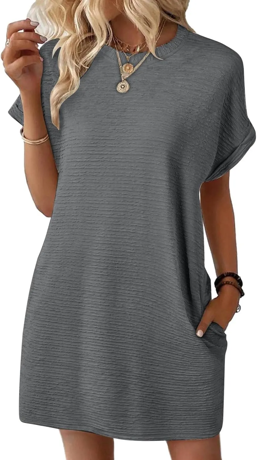 Womens Summer Mini Dress Casual Short Sleeve T Shirt Dresses Short Sleeve Tshirt Dress Casual Crew Dress with Pockets