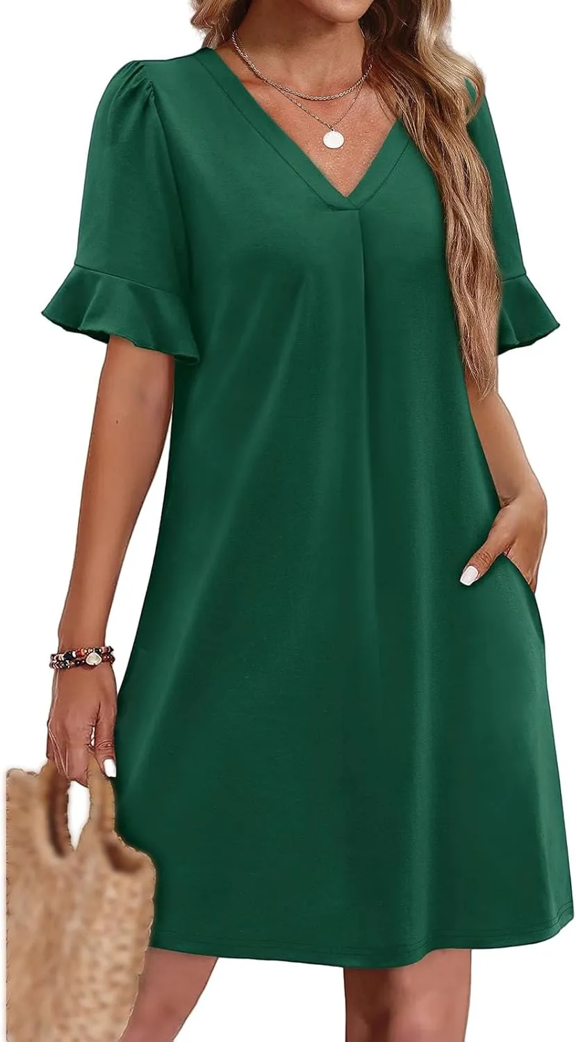 Women's Summer Ruffle Short Sleeve V Neck Shift Dress, Casual with Pockets