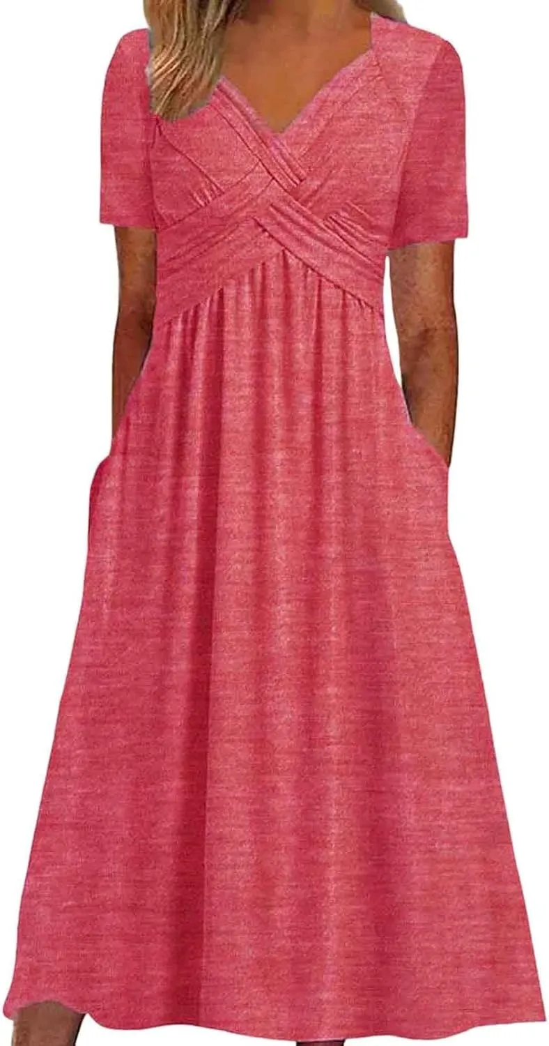 Women's Summer Short Sleeve A-Line Midi Dresses Casual Tiered T-Shirt Dress Flowy Beach Sundress with Pockets
