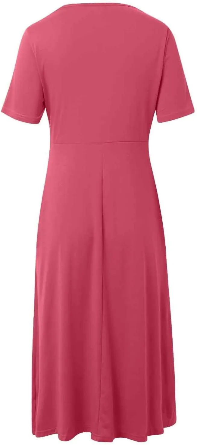 Women's Summer Short Sleeve A-Line Midi Dresses Casual Tiered T-Shirt Dress Flowy Beach Sundress with Pockets
