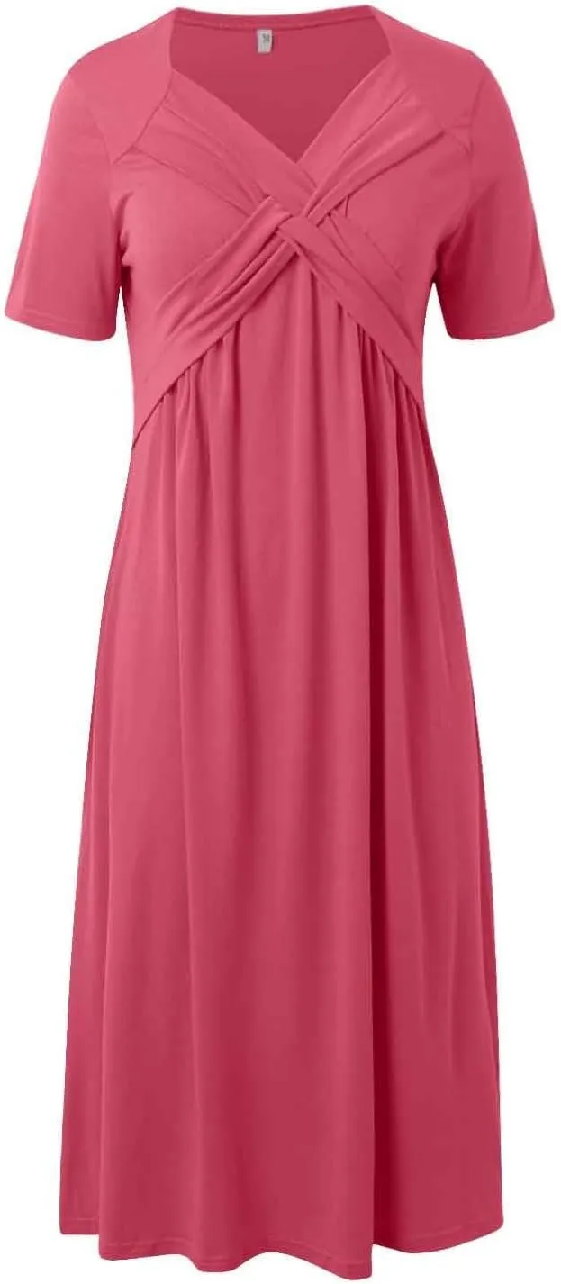 Women's Summer Short Sleeve A-Line Midi Dresses Casual Tiered T-Shirt Dress Flowy Beach Sundress with Pockets