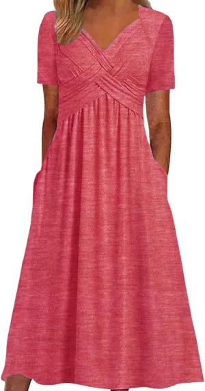 Women's Summer Short Sleeve A-Line Midi Dresses Casual Tiered T-Shirt Dress Flowy Beach Sundress with Pockets