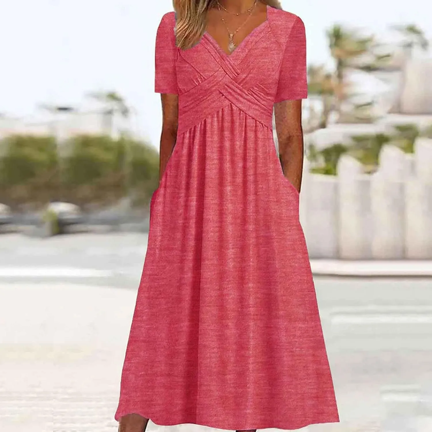 Women's Summer Short Sleeve A-Line Midi Dresses Casual Tiered T-Shirt Dress Flowy Beach Sundress with Pockets