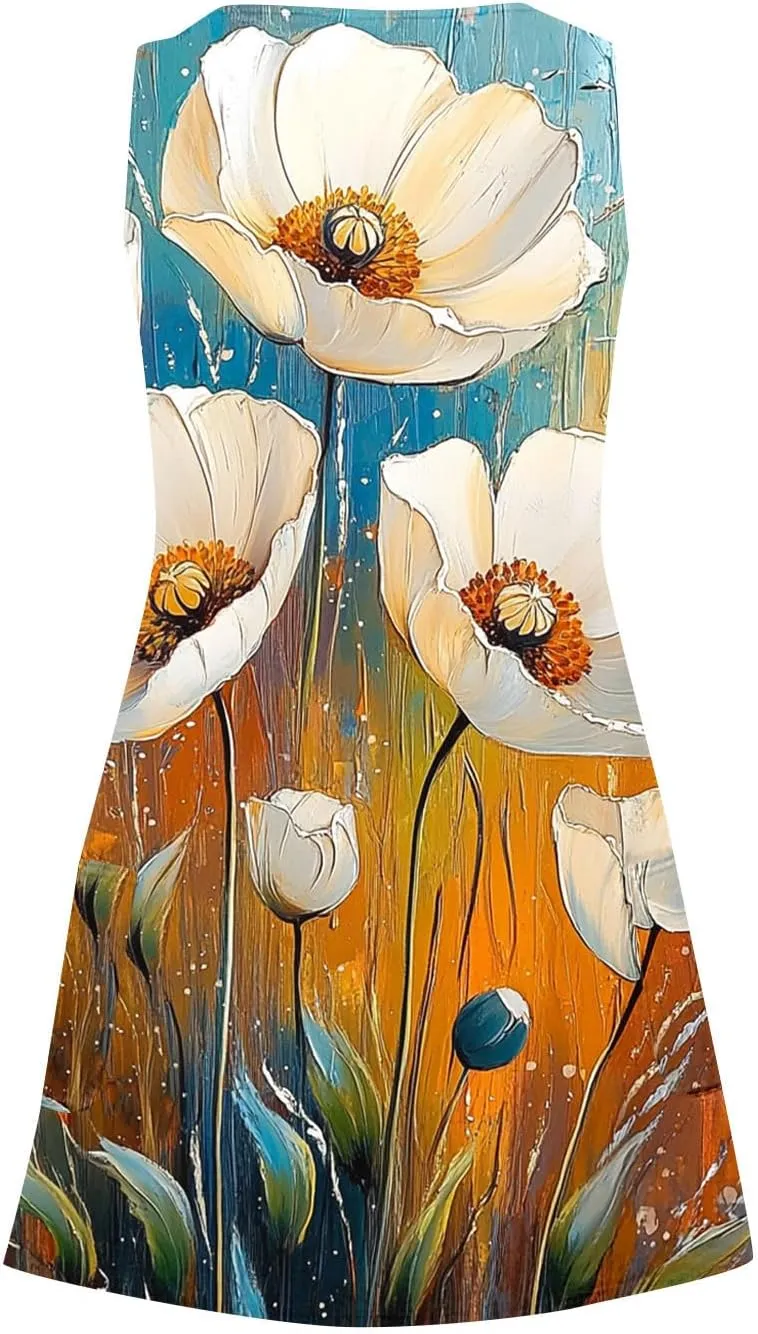 Women's Summer Sleeveless Boho Beach Dress V Neck Flowy Tank Mini Sundress Fit & Flare Floral Beach Short Dresses