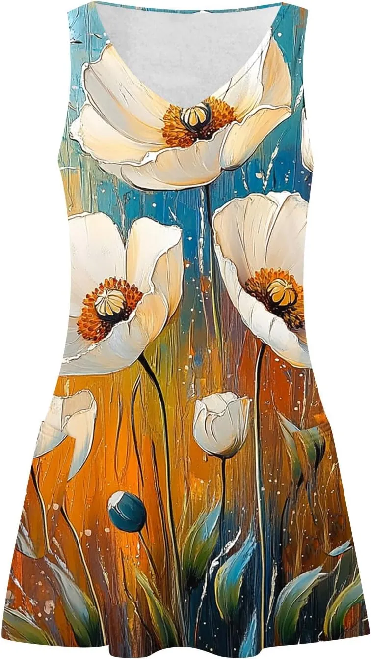 Women's Summer Sleeveless Boho Beach Dress V Neck Flowy Tank Mini Sundress Fit & Flare Floral Beach Short Dresses