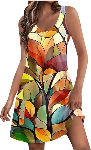 Women's Summer Sleeveless Boho Beach Dress V Neck Flowy Tank Mini Sundress Fit & Flare Floral Beach Short Dresses