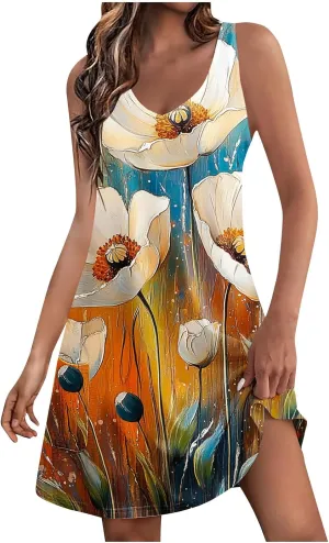 Women's Summer Sleeveless Boho Beach Dress V Neck Flowy Tank Mini Sundress Fit & Flare Floral Beach Short Dresses