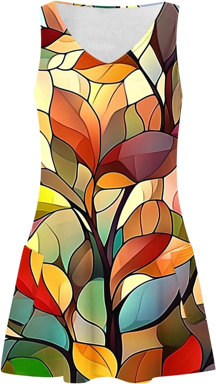 Women's Summer Sleeveless Boho Beach Dress V Neck Flowy Tank Mini Sundress Fit & Flare Floral Beach Short Dresses