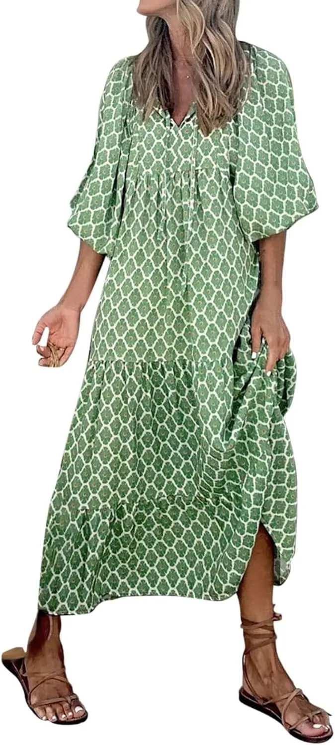 Womens Sundress Pleated Ruffle Maxi Dresses Pretty Garden Dresses for Women Long Puff Sleeve Skirt Vacation Summer 2025