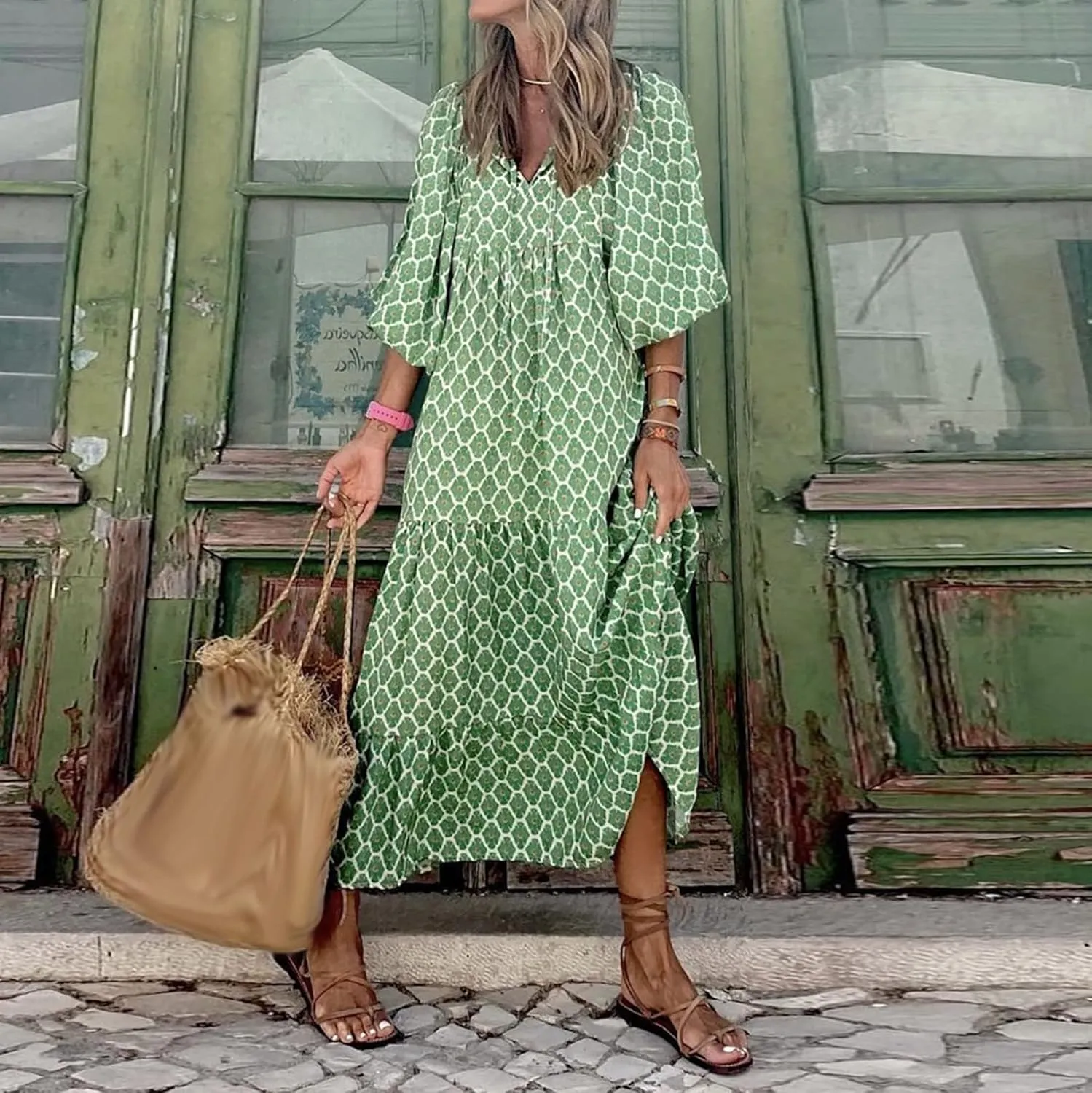 Womens Sundress Pleated Ruffle Maxi Dresses Pretty Garden Dresses for Women Long Puff Sleeve Skirt Vacation Summer 2025
