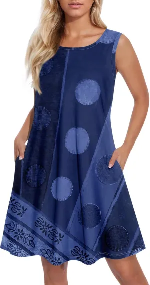 Womens Sundresses Short Tank Dress Spring Casual Dresses Cover Up Sleeveless Beach Flowy Dress Summer with Pocket