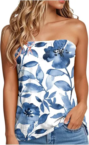 Womens Tube Tops Summer Strapless Bandeau Tank Casual Loose Tunic Sleeveless Shirts Off The Shoulder Flowy Blouses