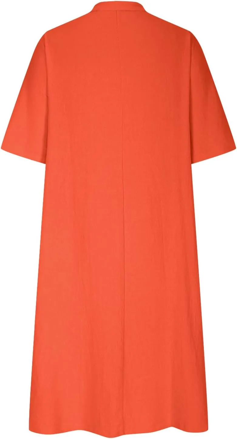 Womens V-Neck Half-Sleeve Cotton Linen Loose Dress Fashion Lightweight Casual Sundress Maxi Dress with Pockets