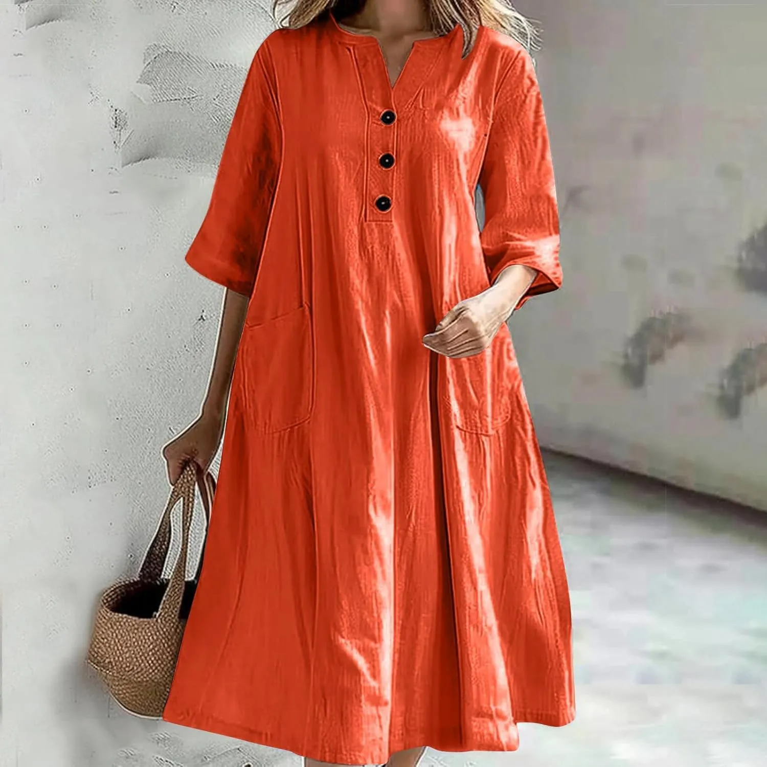 Womens V-Neck Half-Sleeve Cotton Linen Loose Dress Fashion Lightweight Casual Sundress Maxi Dress with Pockets