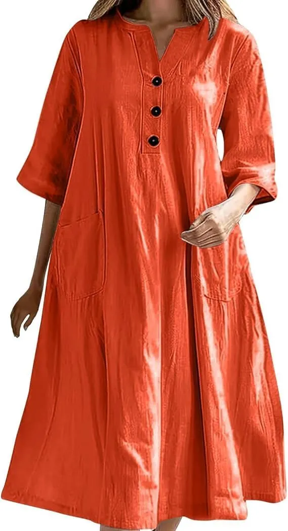 Womens V-Neck Half-Sleeve Cotton Linen Loose Dress Fashion Lightweight Casual Sundress Maxi Dress with Pockets