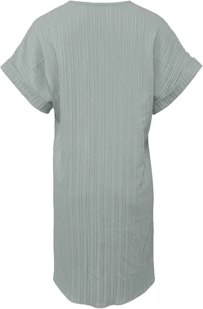 Womens V-Neck Pullover Comfortable Casual Button Dress Summer Loose Flowy Shirt Dresses A Line Ribbed Tunic Dress