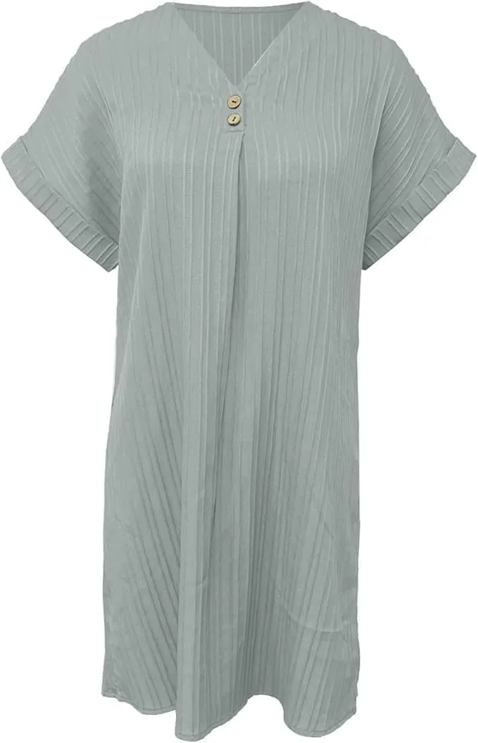 Womens V-Neck Pullover Comfortable Casual Button Dress Summer Loose Flowy Shirt Dresses A Line Ribbed Tunic Dress