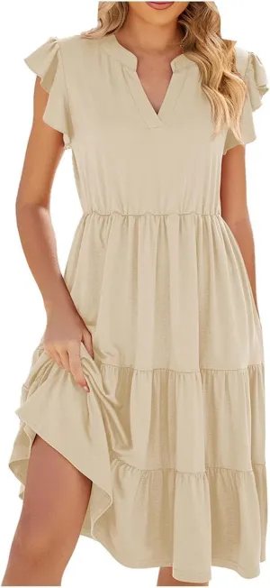 Women's V-Neck Ruffle Short Sleeve Midi Dresses Solid Casual Beach Tiered Boho Dress Trendy Maxi Flowy Sundress