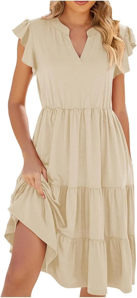 Women's V-Neck Ruffle Short Sleeve Midi Dresses Solid Casual Beach Tiered Boho Dress Trendy Maxi Flowy Sundress
