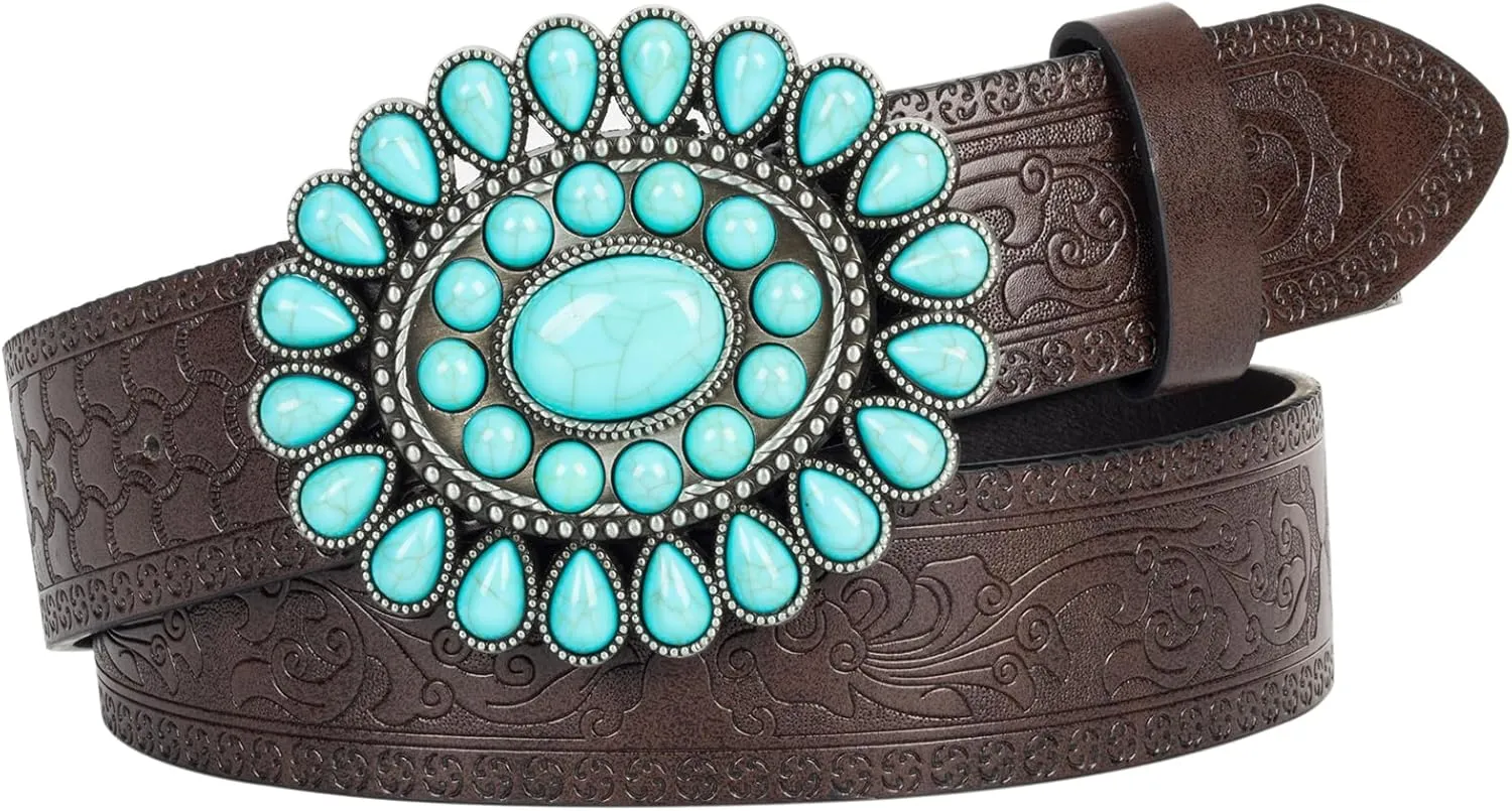 Women's Western-Turquoise-Cowboy-Belt - Vintage-Embossed-Cowgirl-Waist-Belt with Turquoise-Buckle for 28-38''waist