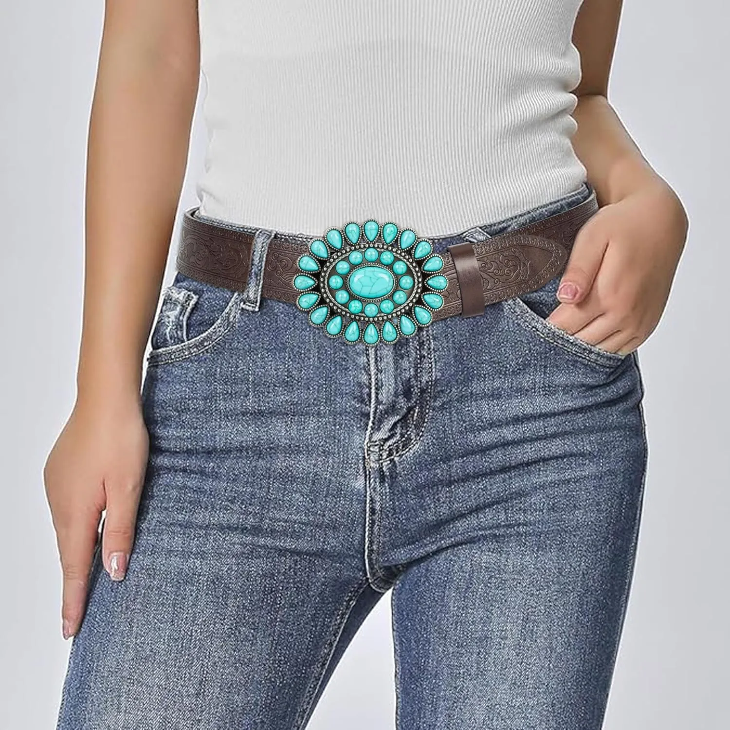 Women's Western-Turquoise-Cowboy-Belt - Vintage-Embossed-Cowgirl-Waist-Belt with Turquoise-Buckle for 28-38''waist