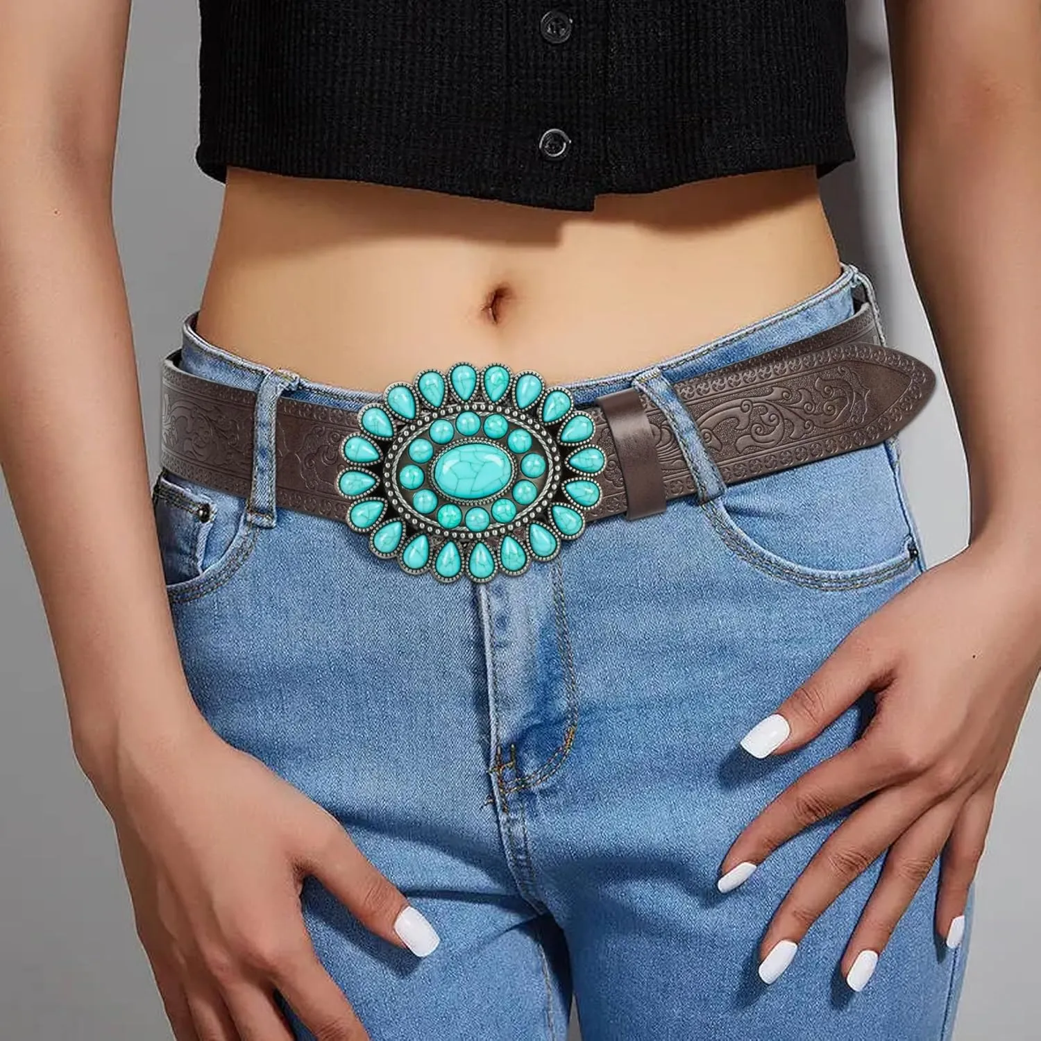 Women's Western-Turquoise-Cowboy-Belt - Vintage-Embossed-Cowgirl-Waist-Belt with Turquoise-Buckle for 28-38''waist