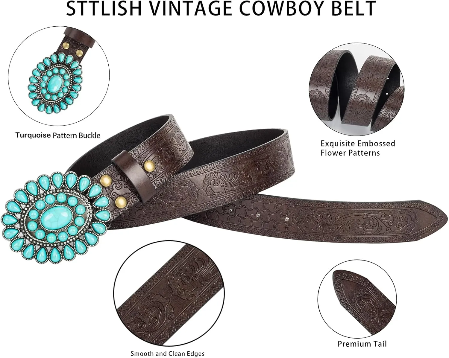 Women's Western-Turquoise-Cowboy-Belt - Vintage-Embossed-Cowgirl-Waist-Belt with Turquoise-Buckle for 28-38''waist