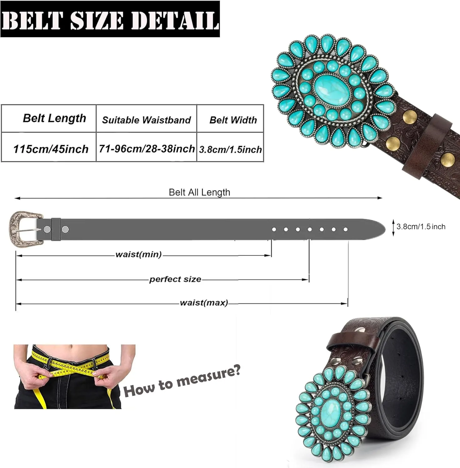 Women's Western-Turquoise-Cowboy-Belt - Vintage-Embossed-Cowgirl-Waist-Belt with Turquoise-Buckle for 28-38''waist