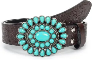 Women's Western-Turquoise-Cowboy-Belt - Vintage-Embossed-Cowgirl-Waist-Belt with Turquoise-Buckle for 28-38''waist